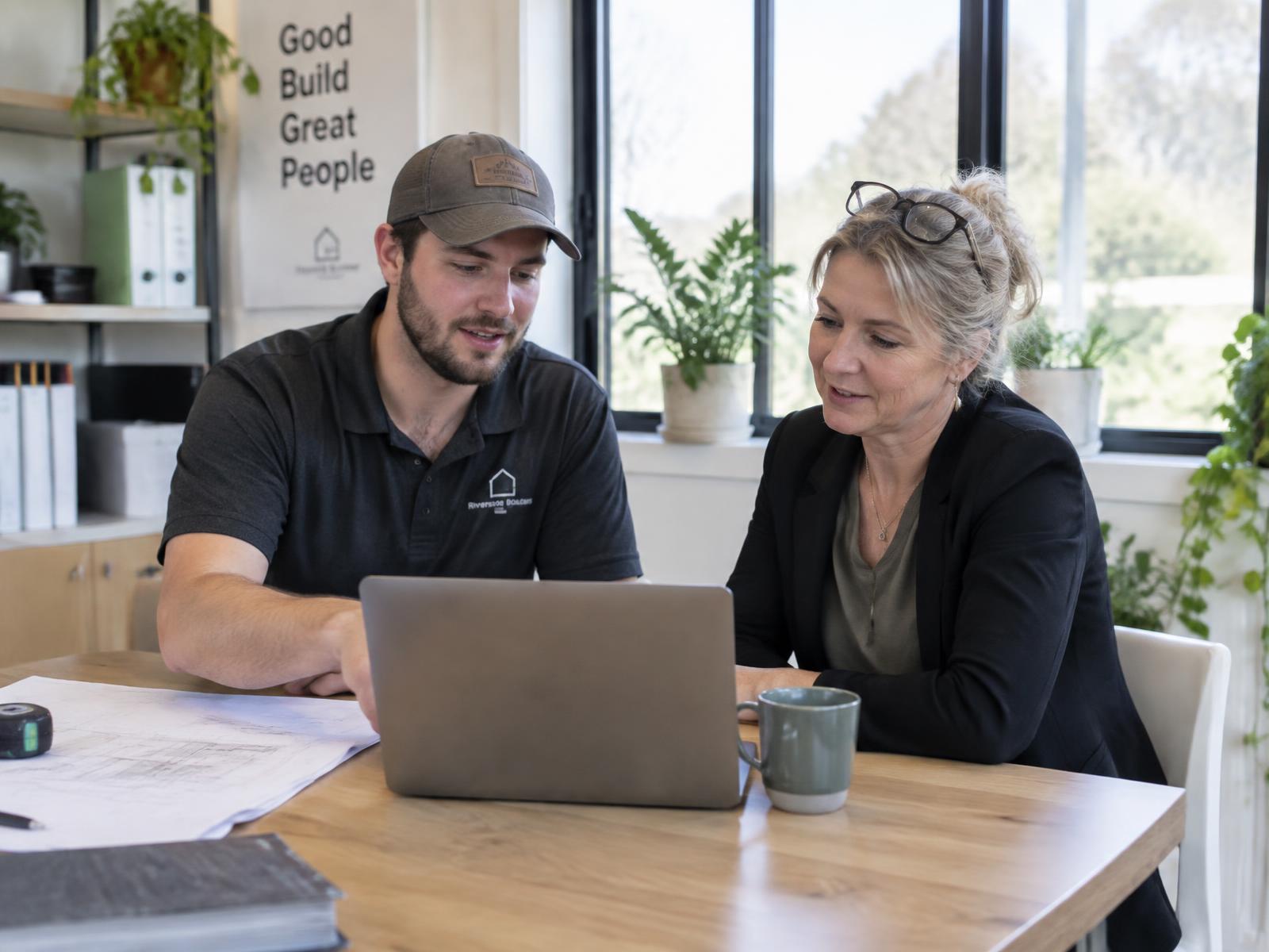 A business owner and a builder reviewing a laptop together in a bright office