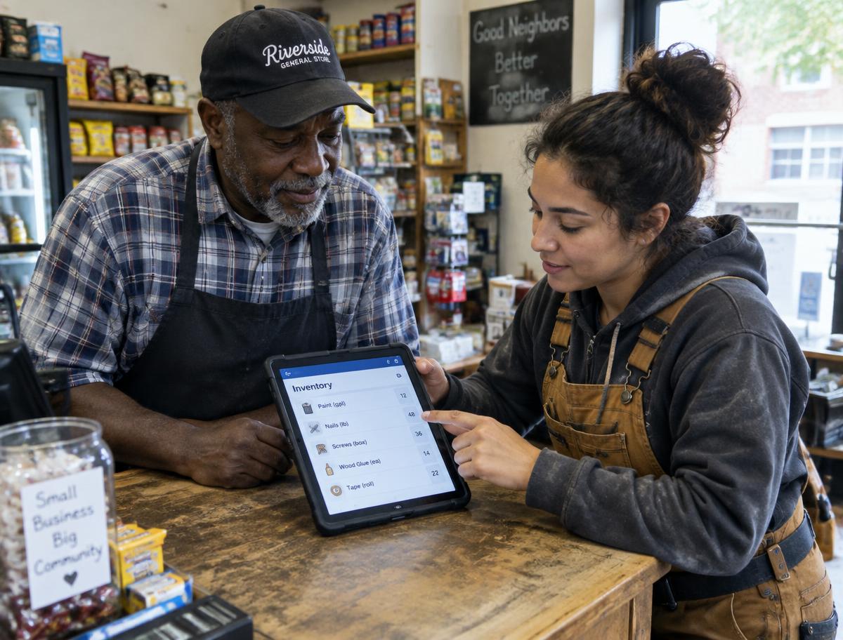 A shop owner and a builder checking a simple inventory app on a tablet